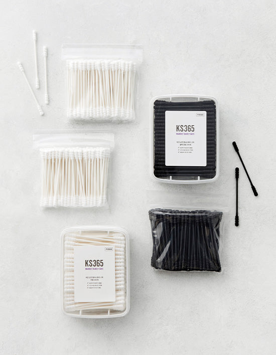 [KS365] Vegan Pure Cotton Embossed Paper Stick Cotton Swabs 1000 Pieces Black (with Square Case)